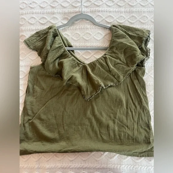 LOFT Olive Ruffle Blouse Cotton Womens Size XS - Picture 10 of 11